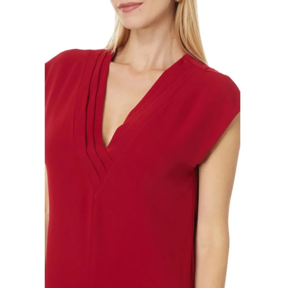 Trina Turk Zula Double Georgette Pleated V-Neck Cap Sleeve Shift Dress - Picture 5 of 14